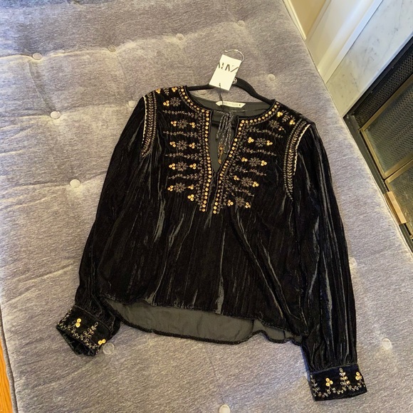 NWT Zara luxury minimalist bohemian embroidered velvet blouse/top - Picture 11 of 14